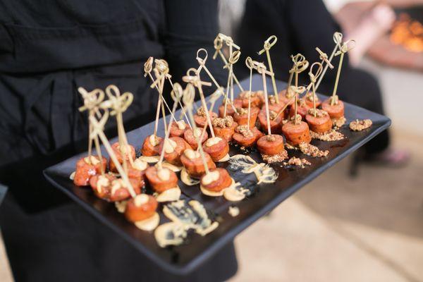 Smoked sausages as a passed appetizer