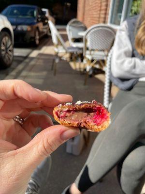 Inside of the chocolate raspberry eclair