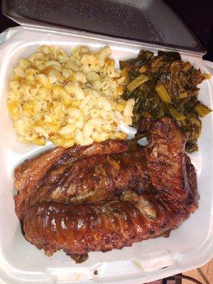 baked Turkey Wing Platter with Mac & Cheese and Greens.