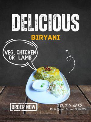 Try our unbelievable Biryanis. Order in-store, by phone call or through online.