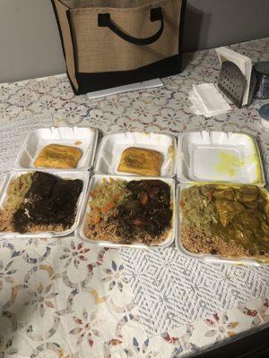 Jerk Chicken, Oxtail & Curry Chicken w/ 2 Beef Patties