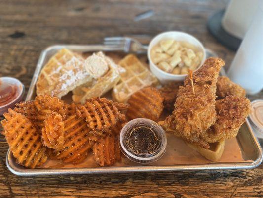 Chicken Tender and Waffles with Sweet Potato Waffle Fried & Mac n Cheese