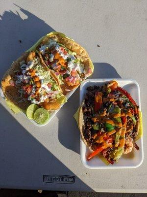 Fish tacos and surf + turf taco