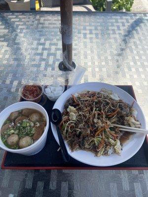 Bulgogi rice bowl and fishcake soup.