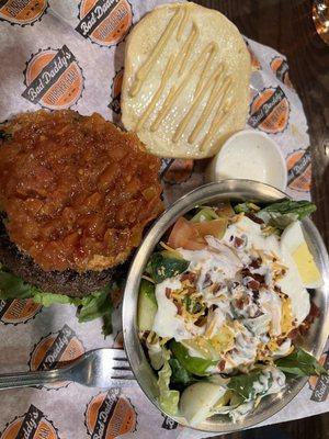 Fried Mozzarella Burger with side salad.