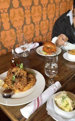 Regular Chicken & Waffles  + Mashed Potatoes. Chicken sandwich (in back)  (St. Paul location).