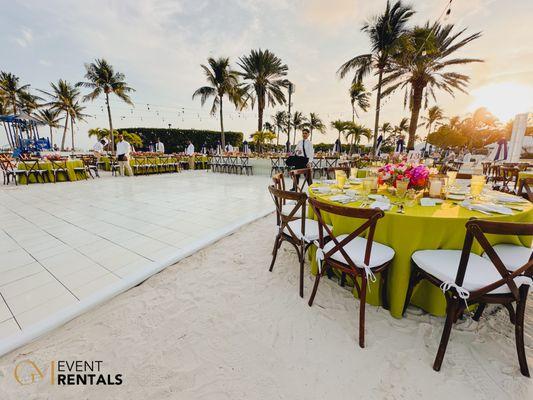 White Slate Dance Floor + Crossback Chairs + Clear Top Tent + Decorated Tables