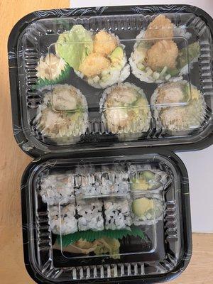 1 Chicken  tempura roll could hardly fit in this container. How could they have squished 2 rolls in one small container? We won't be back!