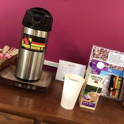 Coffee bar stocked with locally roasted brew.