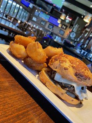 Mushroom Swiss Burger with onion petals