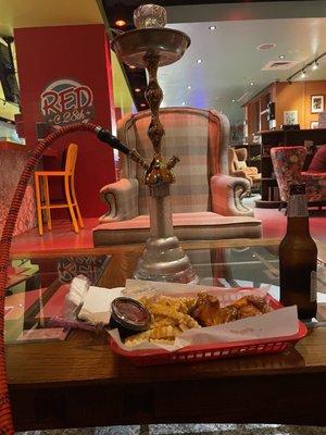 Our date night set up, Hookah-Sex on the Beach, Buffalo wings and fries