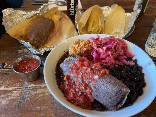 Vegan tamales, beans, rice, curtido, salsa