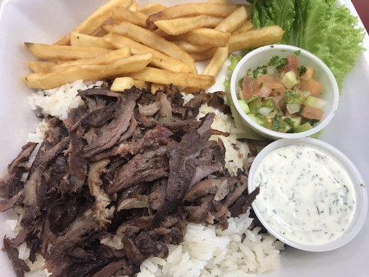 Doner kebap with rice and fries.so delicious.