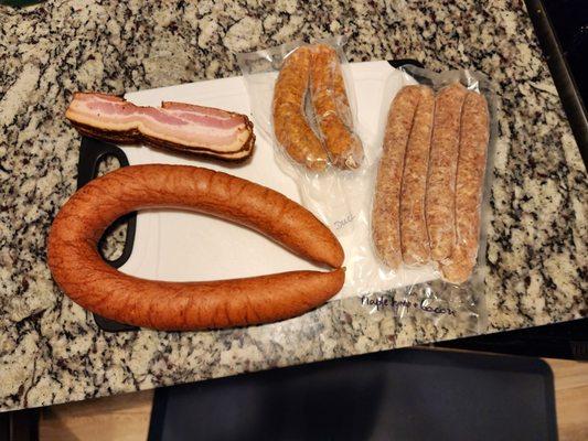 Kielbasa, coffee bacon, maple breakfast sausage, duck sausage