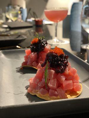 Tuna tostada and alma picante cocktail