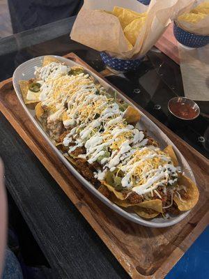 Nachos with ground beef and chorizo. Incredible!!