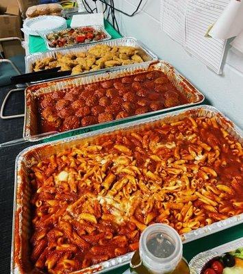 Cavatelli, meatballs, chicken tenders, and sausage pepper onions