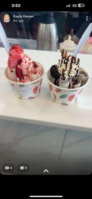 Fresh rolls of ice cream. Strawberry delight and Cookie Monster rolls