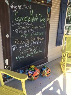 We have Gruene markets days once a month, come in & get a 30 minute foot reflexology, then walk around our beautiful historic district