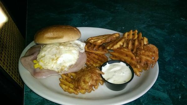 The Hatchery buffet with waffle fries and a side of bleu cheese