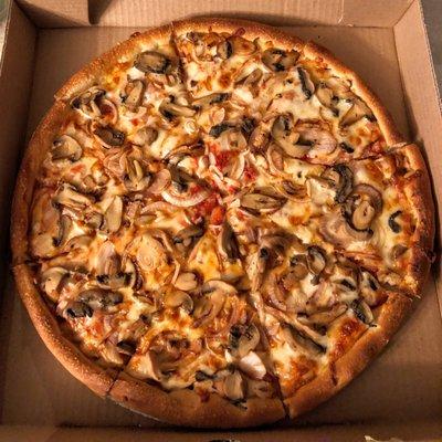 Would you LOOK at this beautiful mushroom and onion Greek-style pizza? They nailed it. Size - Medium.