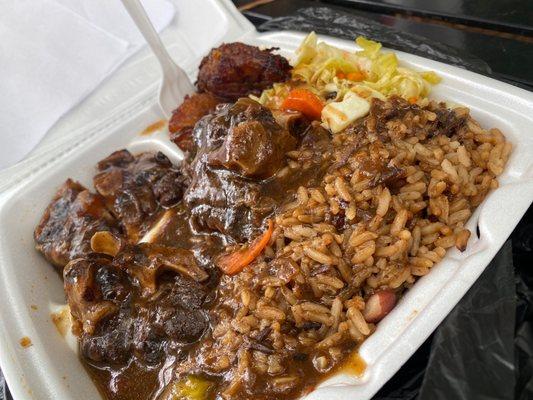 Oxtail, red beans and rice and Steamed Cabbage