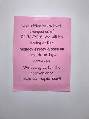 Hours effective 4/16/2018