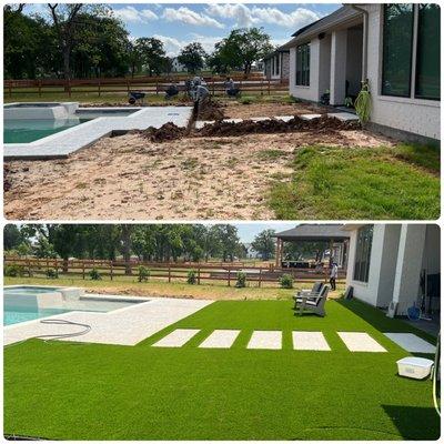 Before and After backyard landscaping, French drain, lawn sprinkler system and then install low maintenance, artificial grass Fulsher, TX.