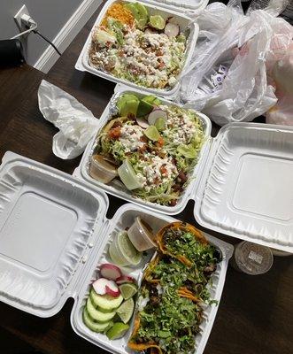 Birria tacos, sopes (al pastor/marinated pork), and flautas