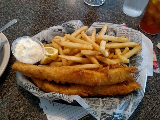 Fish and chips just out of the fryer. These fish did not die in vain! Delicious!