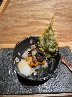 Special bowl with tempura leaf, poached quail egg, uni, scallop , roe, wagyu beef, and shaved truffle  Explosion of amazing flavors