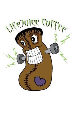 Frankenbein, the mascot from LifeJuice Coffee.