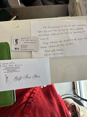 Sweet letter and gift card from Sophia's for my first visit