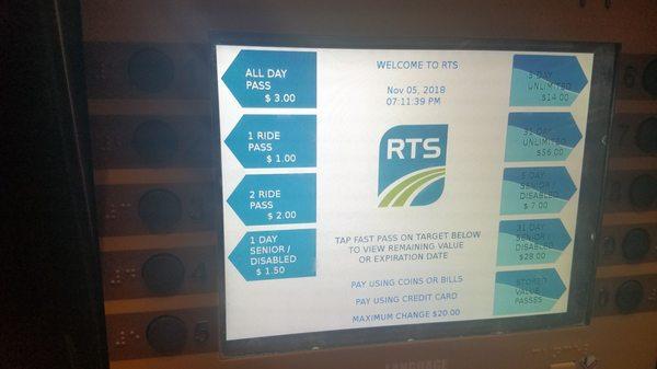 Prices on the automated ticketing system