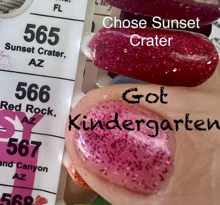 Ugh! I requested sunset crater color, got this pepto bismal base color with uneven spatters of hot pink glitter (see pic)