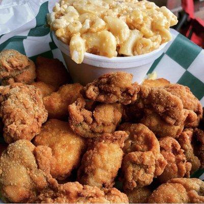 Photo Cred: @bigboldeatsvirginia on Instagram: Fried Oyster dinner, Corn Nuggets and Mamas Mac n cheese