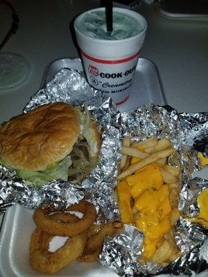 Cook Out: Burger Tray with everything, grilled onions, and slaw, onion rings, cheese fries, and onion mint shake