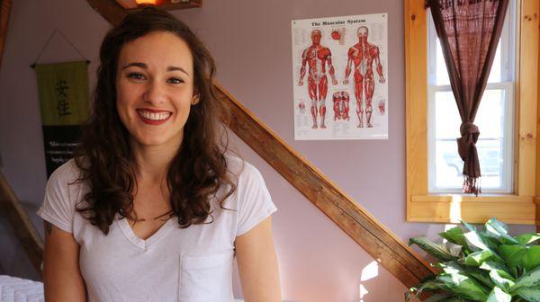 Massage therapist Miranda Hinkley in her studio at the big white barn.