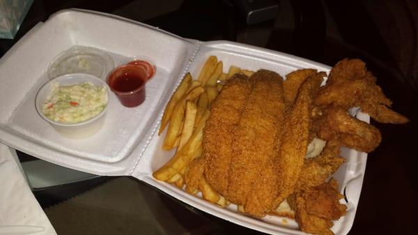 3 pc chicken wings, 2 catfish fillets, fries and coleslaw for around $10. I eat here about once a month. It's decent.