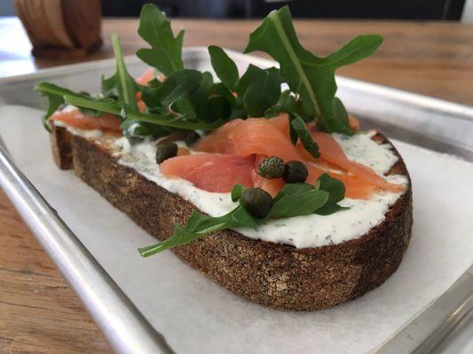 Lucia's lox: smoked salmon, dill spread, arugula, and capers