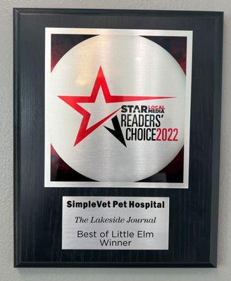 Grateful to win Reader's choice 2022 award for best hospital/vet in Little Elm, TX