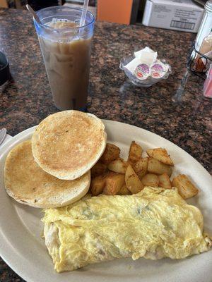 Greek omelet with Bolos and PB Cup ice coffee