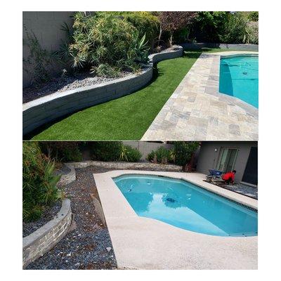 Turf and travertine backyard