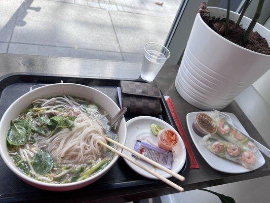 Beef Pho and shrimp spring rolls