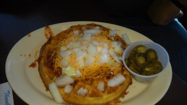 Cowpatty- cornbread waffle with chili