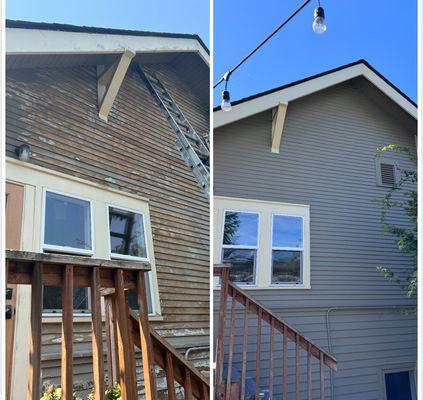 Sanded off old peeling paint before giving this house a fresh paint job