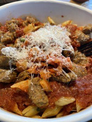 Penne with Italian sausage.