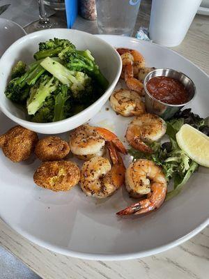 Grilled shrimp (8), 3 hush puppies, broccoli