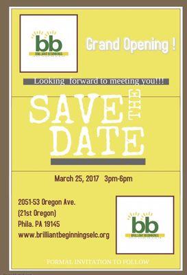 Come learn about  Brilliant Beginnings ELC at our GRAND OPENING. We will be introducing the center to the community and families.