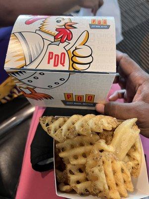 Spicy chicken sandwich and waffle fries